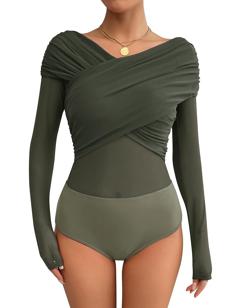Amazon.com: Kate Kasin Women Green Long Sleeve Cross Wrap